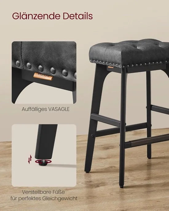 Furnstar - Barkruk set van 2 - Keukenstoel - Kunstleer met decoratieve knopen en nagels - Massief houten poten - 66 cm hoog - Huisbar en eetkamer - Eenvoudige montage - Inktzwart - LBC085G02