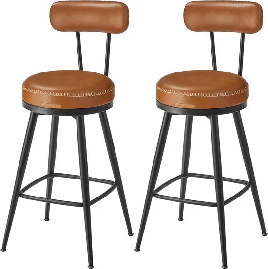 Furnstar - Barkruk set van 4 - 360° draaibare barkruk - Kruk met rugleuning voor keukeneiland - Kunstleer met naden - Mid-Century moderne stijl - 65 cm hoog - Keuken huisbar - Karamelbruin