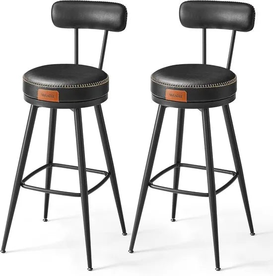Furnstar - Barkruk set van 4 - 360° draaibare barkruk - Kruk met rugleuning voor bartafel - Kunstleer met naden - Mid-Century moderne stijl - 76 cm hoog - Keuken huisbar - Karamelbruin – Inktzwartt