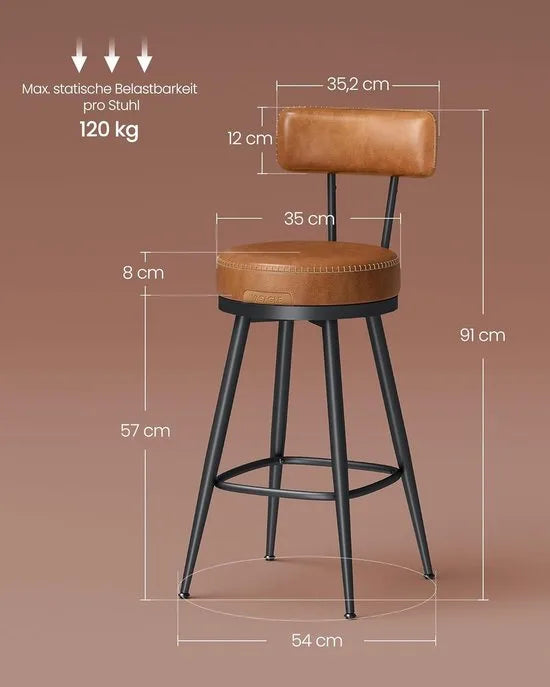 Furnstar - Barkruk set van 4 - 360° draaibare barkruk - Kruk met rugleuning voor keukeneiland - Kunstleer met naden - Mid-Century moderne stijl - 65 cm hoog - Keuken huisbar - Karamelbruin