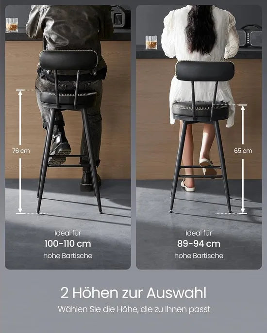 Furnstar - Barkruk set van 4 - 360° draaibare barkruk - Kruk met rugleuning voor bartafel - Kunstleer met naden - Mid-Century moderne stijl - 76 cm hoog - Keuken huisbar - Inktzwart