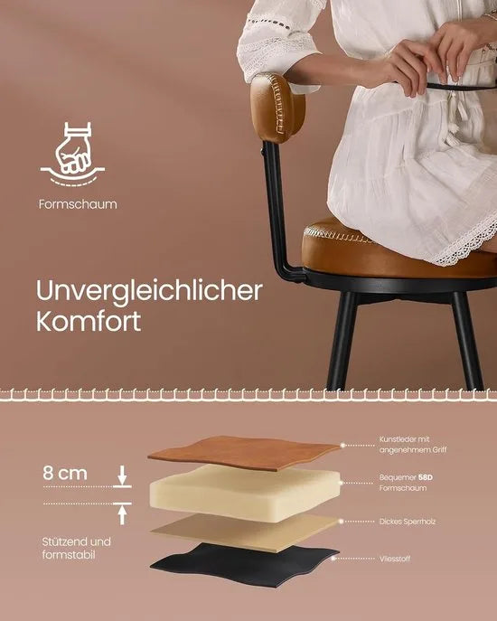 Furnstar - Barkruk set van 4 - 360° draaibare barkruk - Kruk met rugleuning voor keukeneiland - Kunstleer met naden - Mid-Century moderne stijl - 65 cm hoog - Keuken huisbar - Karamelbruin