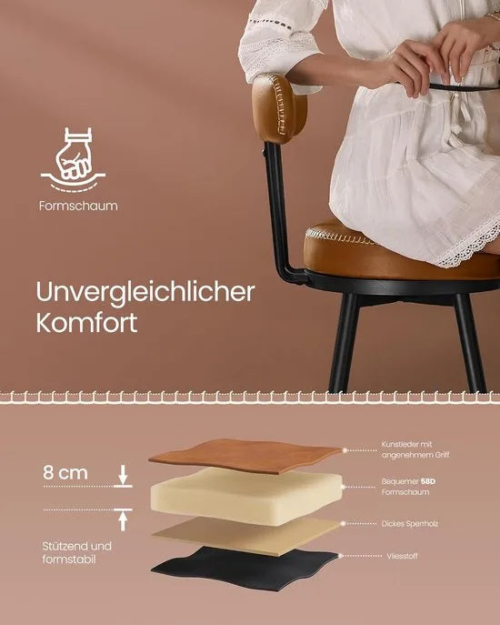 Furnstar - Barkruk set van 4 - 360° draaibare barkruk - Kruk met rugleuning voor bartafel - Kunstleer met naden - Mid-Century moderne stijl - 76 cm hoog - Keuken huisbar - Karamelbruin