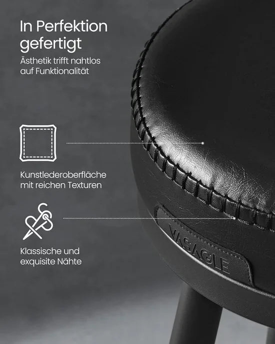 Furnstar - Barkruk set van 4 - 360° draaibare barkruk - Kruk met rugleuning voor keukeneiland - Kunstleer met naden - Mid-Century moderne stijl - 65 cm hoog - Keuken huisbar - Inktzwart