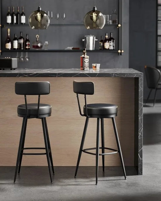 Furnstar - Barkruk set van 4 - 360° draaibare barkruk - Kruk met rugleuning voor bartafel - Kunstleer met naden - Mid-Century moderne stijl - 76 cm hoog - Keuken huisbar - Inktzwart