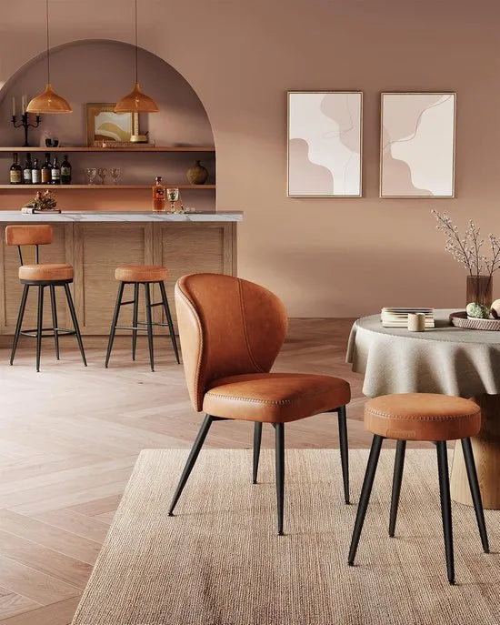 Furnstar - Barkruk set van 4 - 360° draaibare barkruk - Kruk met rugleuning voor keukeneiland - Kunstleer met naden - Mid-Century moderne stijl - 65 cm hoog - Keuken huisbar - Karamelbruin