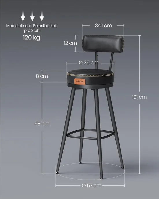 Furnstar - Barkruk set van 4 - 360° draaibare barkruk - Kruk met rugleuning voor bartafel - Kunstleer met naden - Mid-Century moderne stijl - 76 cm hoog - Keuken huisbar - Inktzwart