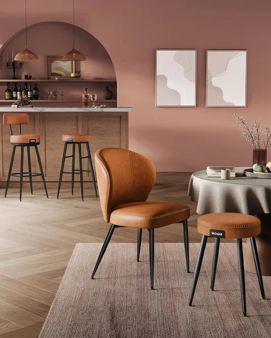 Furnstar - Barkruk set van 4 - 360° draaibare barkruk - Kruk met rugleuning voor bartafel - Kunstleer met naden - Mid-Century moderne stijl - 76 cm hoog - Keuken huisbar - Karamelbruin