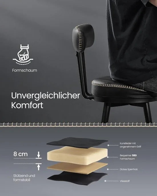 Furnstar - Barkruk set van 4 - 360° draaibare barkruk - Kruk met rugleuning voor bartafel - Kunstleer met naden - Mid-Century moderne stijl - 76 cm hoog - Keuken huisbar - Inktzwart