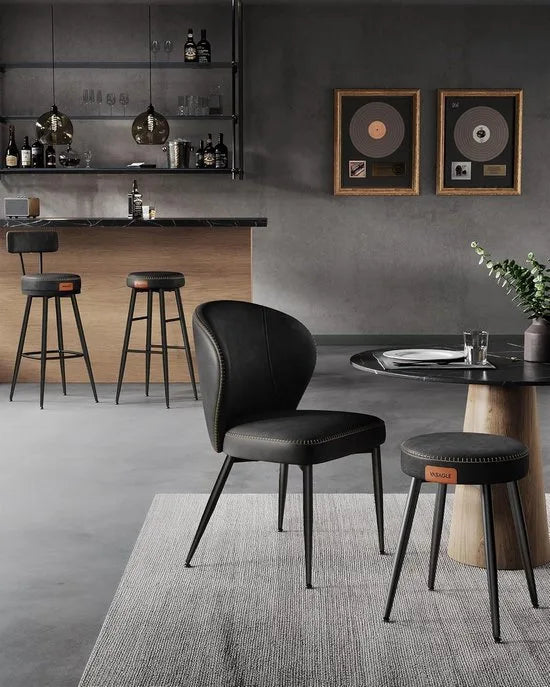 Furnstar - Barkruk set van 4 - 360° draaibare barkruk - Kruk met rugleuning voor bartafel - Kunstleer met naden - Mid-Century moderne stijl - 76 cm hoog - Keuken huisbar - Inktzwart