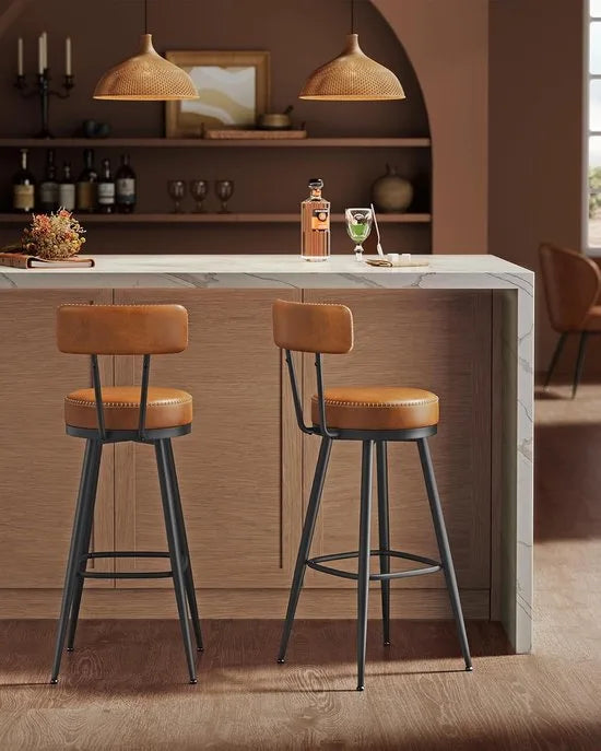 Furnstar - Barkruk set van 4 - 360° draaibare barkruk - Kruk met rugleuning voor bartafel - Kunstleer met naden - Mid-Century moderne stijl - 76 cm hoog - Keuken huisbar - Karamelbruin