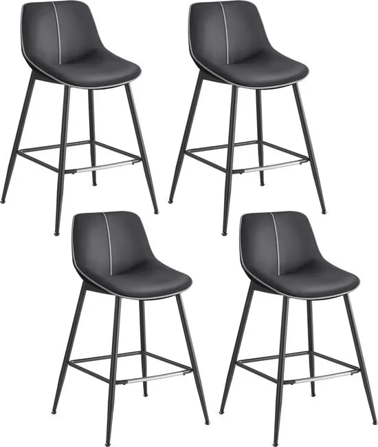 FurnStar - Barkruk Set van 4 - Barstoelen - Ergonomische Rugleuning - Kunstleer - Metalen Poten met Verstelbare Universele Poten - 62 cm Hoog - Thuisbar - Eenvoudige Montage - Inktzwart