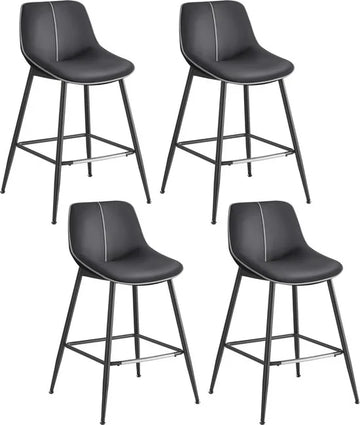 FurnStar - Barkruk Set van 4 - Barstoelen - Ergonomische Rugleuning - Kunstleer - Metalen Poten met Verstelbare Universele Poten - 62 cm Hoog - Thuisbar - Eenvoudige Montage - Inktzwart
