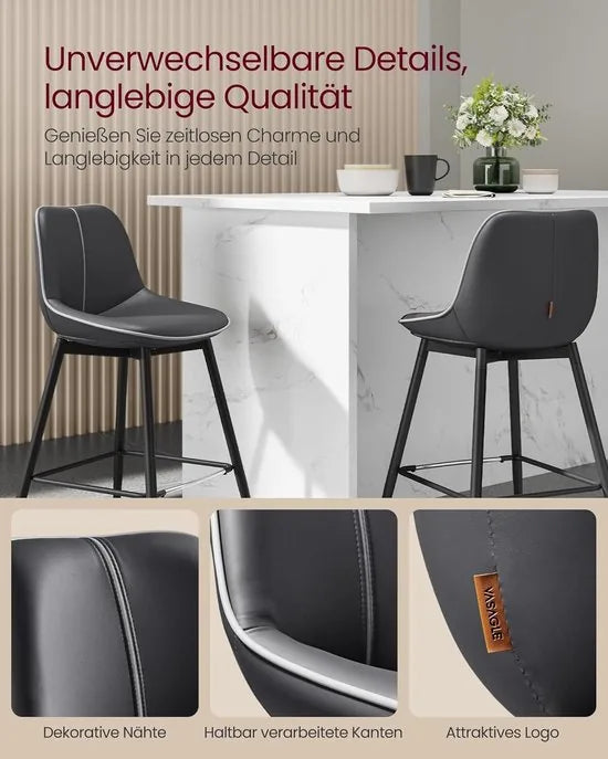 FurnStar - Barkruk Set van 4 - Barstoelen - Ergonomische Rugleuning - Kunstleer - Metalen Poten met Verstelbare Universele Poten - 62 cm Hoog - Thuisbar - Eenvoudige Montage - Inktzwart