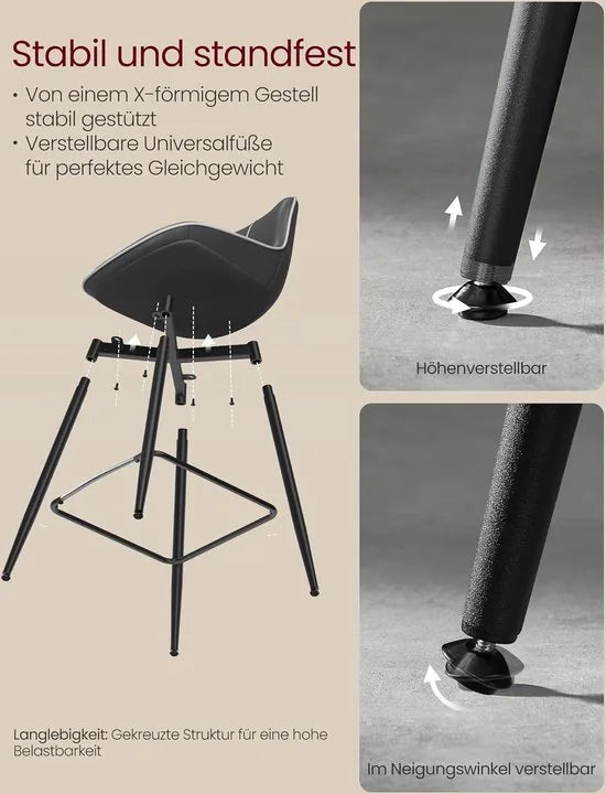 FurnStar - Barkruk Set van 4 - Barstoelen - Ergonomische Rugleuning - Kunstleer - Metalen Poten met Verstelbare Universele Poten - 62 cm Hoog - Thuisbar - Eenvoudige Montage - Inktzwart