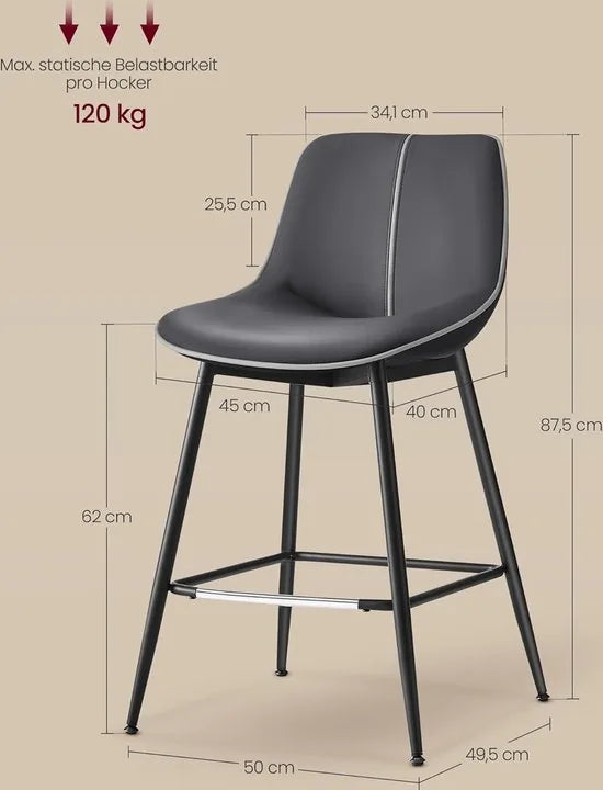 FurnStar - Barkruk Set van 4 - Barstoelen - Ergonomische Rugleuning - Kunstleer - Metalen Poten met Verstelbare Universele Poten - 62 cm Hoog - Thuisbar - Eenvoudige Montage - Inktzwart