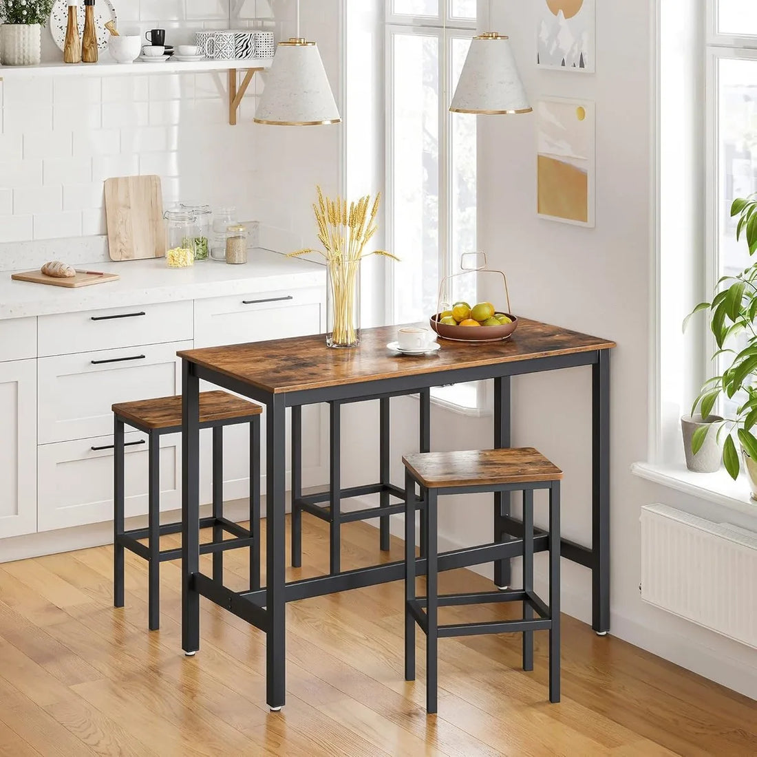 FurnStar barkruk, set vFurnstar Set van 2 Barkrukken – Industriële Barstoelen – Hoge Eetkamerstoelen met Voetsteun – 65 cm Zithoogte – Vintage Bruin/Zwart – Belastbaar tot 120 kg