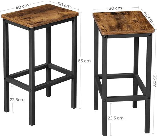 FurnStar barkruk, set vFurnstar Set van 2 Barkrukken – Industriële Barstoelen – Hoge Eetkamerstoelen met Voetsteun – 65 cm Zithoogte – Vintage Bruin/Zwart – Belastbaar tot 120 kg