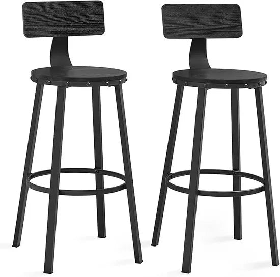 FurnStar - Barkrukken set van 2 - Barstoel Kruk - Barstoelen met rugleuning - Industrieel - Keukenstoel - Zwart