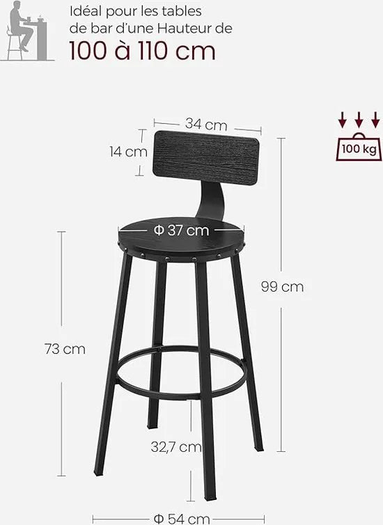 FurnStar - Barkrukken set van 2 - Barstoel Kruk - Barstoelen met rugleuning - Industrieel - Keukenstoel - Zwart