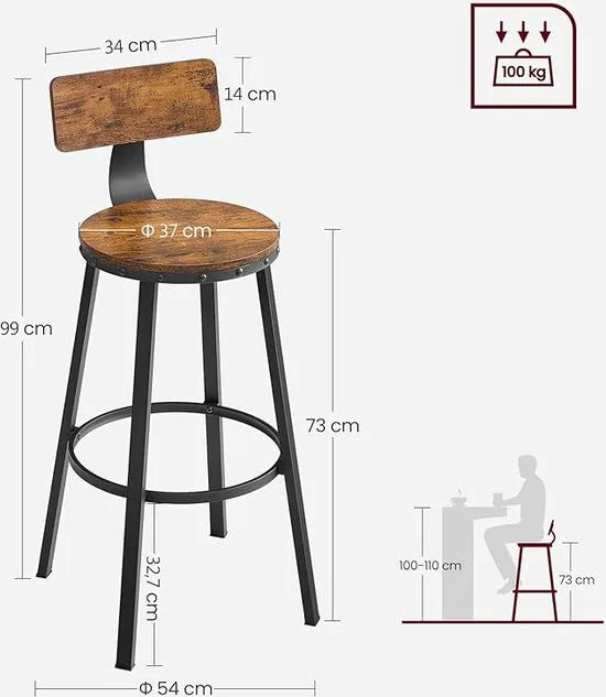 FurnStar - Barkrukken set van 2 - Barstoel Kruk - Barstoelen met rugleuning - Industrieel - Keukenstoel - Bruin