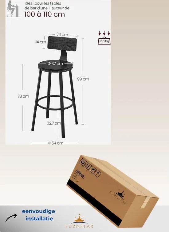 FurnStar - Barkrukken set van 2 - Barstoel Kruk - Barstoelen met rugleuning - Industrieel - Keukenstoel - Zwart