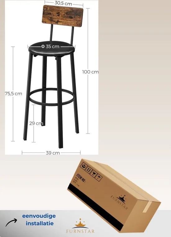 FurnStar - Barkrukken set van 2 - Barstoel Kruk - Barstoelen met rugleuning - Industrieel - Keukenstoel - Bruin – Zwart; bruin