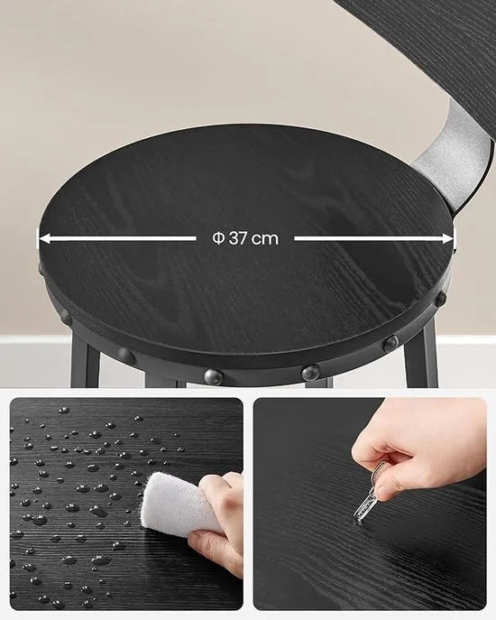 FurnStar - Barkrukken set van 2 - Barstoel Kruk - Barstoelen met rugleuning - Industrieel - Keukenstoel - Zwart