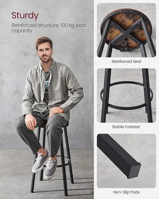 FurnStar - Barkrukken set van 2 - Barstoel Kruk - Barstoelen met rugleuning - Industrieel - Keukenstoel - Bruin