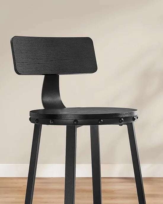 FurnStar - Barkrukken set van 2 - Barstoel Kruk - Barstoelen met rugleuning - Industrieel - Keukenstoel - Zwart