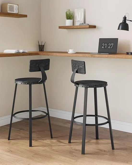 FurnStar - Barkrukken set van 2 - Barstoel Kruk - Barstoelen met rugleuning - Industrieel - Keukenstoel - Zwart
