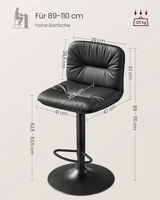 FurnStar - Barkrukken set van 2 - Barstoel Kruk - Barstoelen met rugleuning - Keukenstoel - Zwart