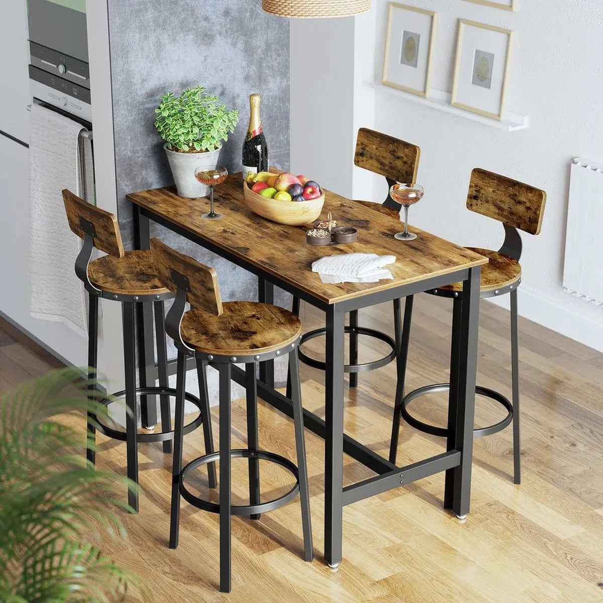 FurnStar - Barkrukken set van 2 - Barstoel Kruk - Barstoelen met rugleuning - Industrieel - Keukenstoel - Bruin