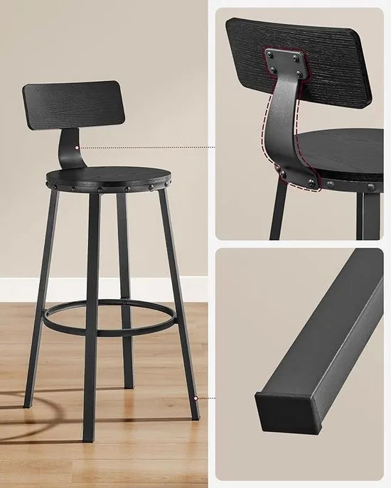FurnStar - Barkrukken set van 2 - Barstoel Kruk - Barstoelen met rugleuning - Industrieel - Keukenstoel - Zwart