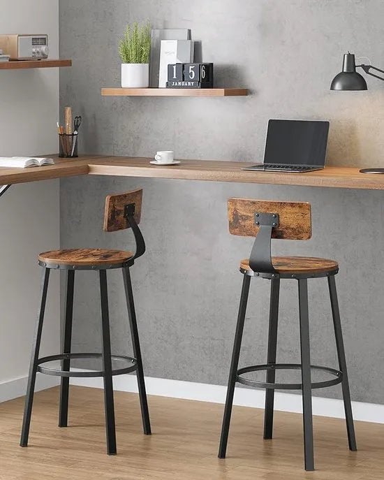 FurnStar - Barkrukken set van 2 - Barstoel Kruk - Barstoelen met rugleuning - Industrieel - Keukenstoel - Bruin