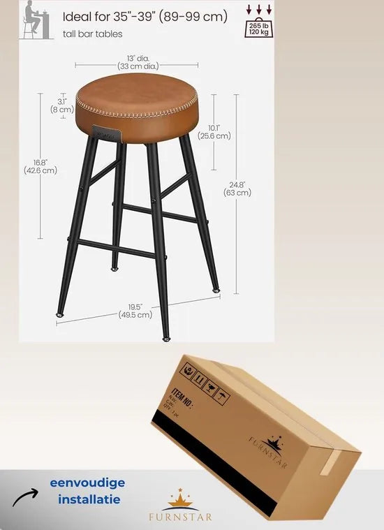 FurnStar - Barkrukken set van 2 - Barstoel Kruk - Industrieel - Keukenstoel - Zwart - 49,5 x 49,5 x 63 cm – Bruin; zwart