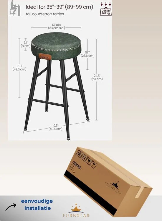 FurnStar - Barkrukken set van 2 - Barstoel Kruk - Industrieel - Keukenstoel - Groen
