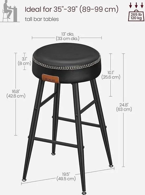 FurnStar - Barkrukken set van 2 - Barstoel Kruk - Industrieel - Keukenstoel - Zwart - 49,5 x 49,5 x 63 cm