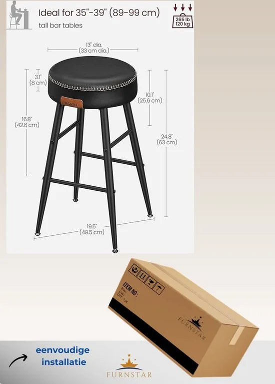 FurnStar - Barkrukken set van 2 - Barstoel Kruk - Industrieel - Keukenstoel - Zwart - 49,5 x 49,5 x 63 cm