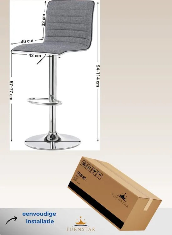 FurnStar - Barkrukken set van 2 - Verstelbaar - Barstoel Kruk - Barstoelen met rugleuning - Keukenstoel - Grijs