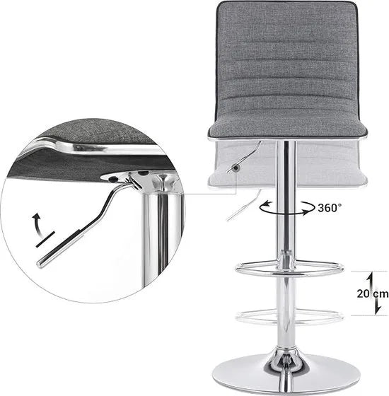 FurnStar - Barkrukken set van 2 - Verstelbaar - Barstoel Kruk - Barstoelen met rugleuning - Keukenstoel - Grijs