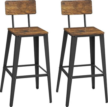 FurnStar - Barstoel - Set van 2 - Barkrukken - Keukenstoelen - Met Rugleuning - Stalen Frame - Makkelijk te Monteren - Industrieel Ontwerp - Vintage Bruin - ZwartBlack