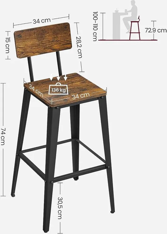 FurnStar - Barstoel - Set van 2 - Barkrukken - Keukenstoelen - Met Rugleuning - Stalen Frame - Makkelijk te Monteren - Industrieel Ontwerp - Vintage Bruin - ZwartBlack