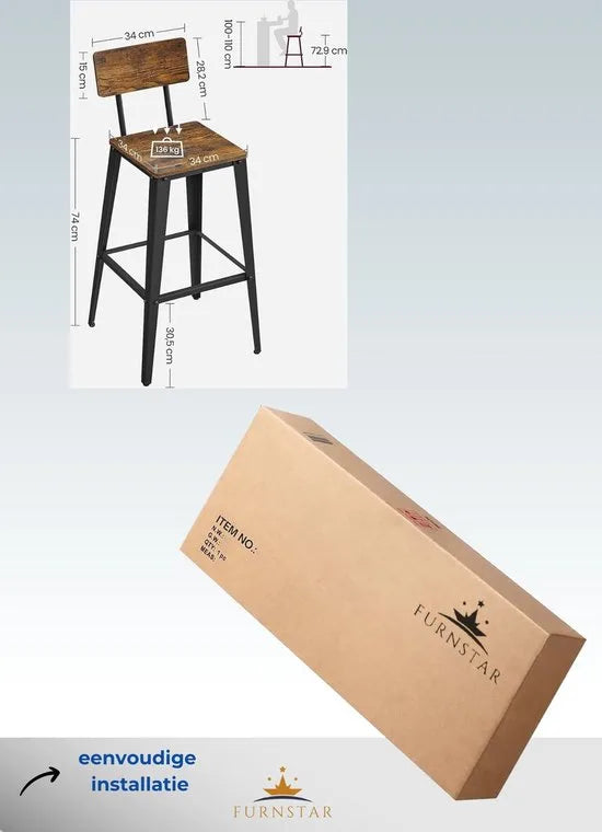 FurnStar - Barstoel - Set van 2 - Barkrukken - Keukenstoelen - Met Rugleuning - Stalen Frame - Makkelijk te Monteren - Industrieel Ontwerp - Vintage Bruin - ZwartBlack