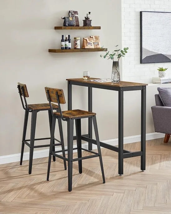 FurnStar - Barstoel - Set van 2 - Barkrukken - Keukenstoelen - Met Rugleuning - Stalen Frame - Makkelijk te Monteren - Industrieel Ontwerp - Vintage Bruin - ZwartBlack