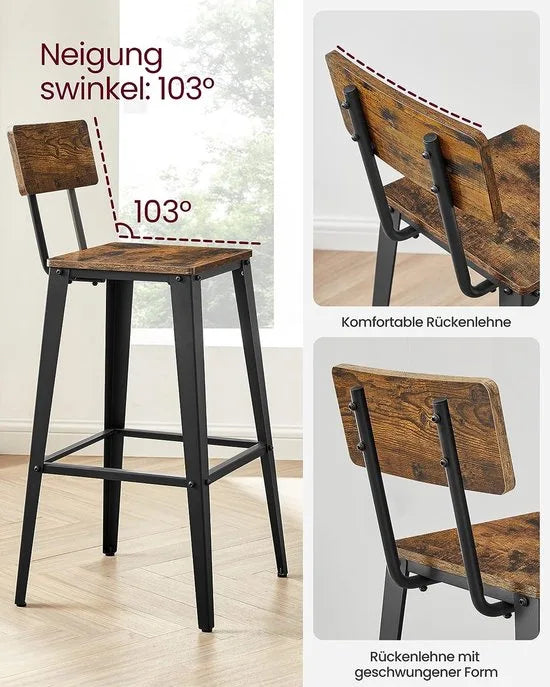 FurnStar - Barstoel - Set van 2 - Barkrukken - Keukenstoelen - Met Rugleuning - Stalen Frame - Makkelijk te Monteren - Industrieel Ontwerp - Vintage Bruin - ZwartBlack