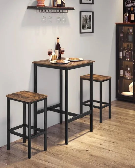 Furnstar Bartafel 60x60x92 cm – Hoge Keukentafel – Vierkant – Stabiel Stalen Frame – Industriële Stijl – Vintage Bruin/Zwart