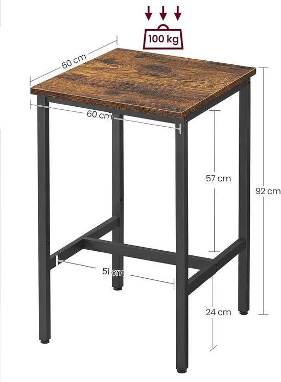 Furnstar Bartafel 60x60x92 cm – Hoge Keukentafel – Vierkant – Stabiel Stalen Frame – Industriële Stijl – Vintage Bruin/Zwart