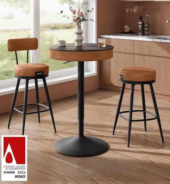 FurnStar - Bartafel - In Hoogte Verstelbaar - Kleine Tafel met Opbergruimte - Kunstleer - Naden - Mid-Century-Moderne Stijl - Keuken - Huisbar - Woonkamer - Asbruin-Karamelbruin