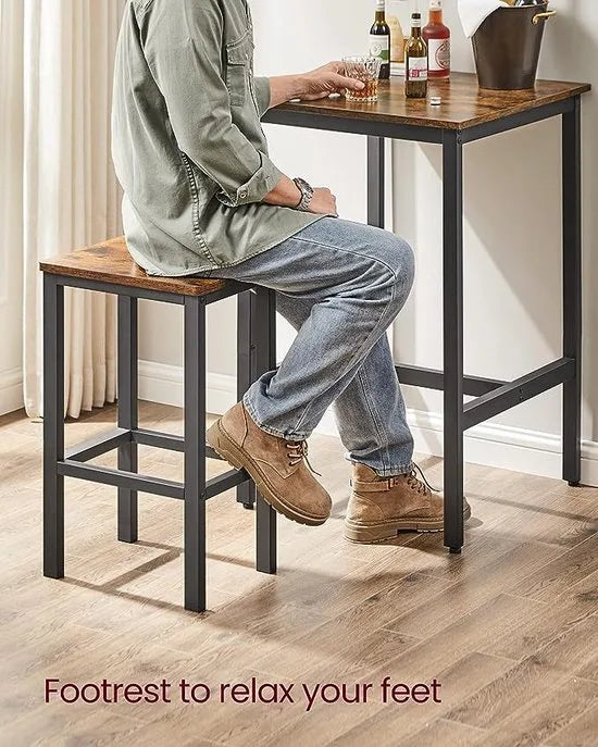 FurnStar bartafel inclusief 2 krukken - bartafel set - bartafel met barstoelen - Hout - Bruin - 60x60x90cm